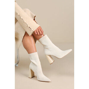 Lulus Feliciaa Almond Ribbed Knit Pointed-toe Sock Boots Beige - Size 9